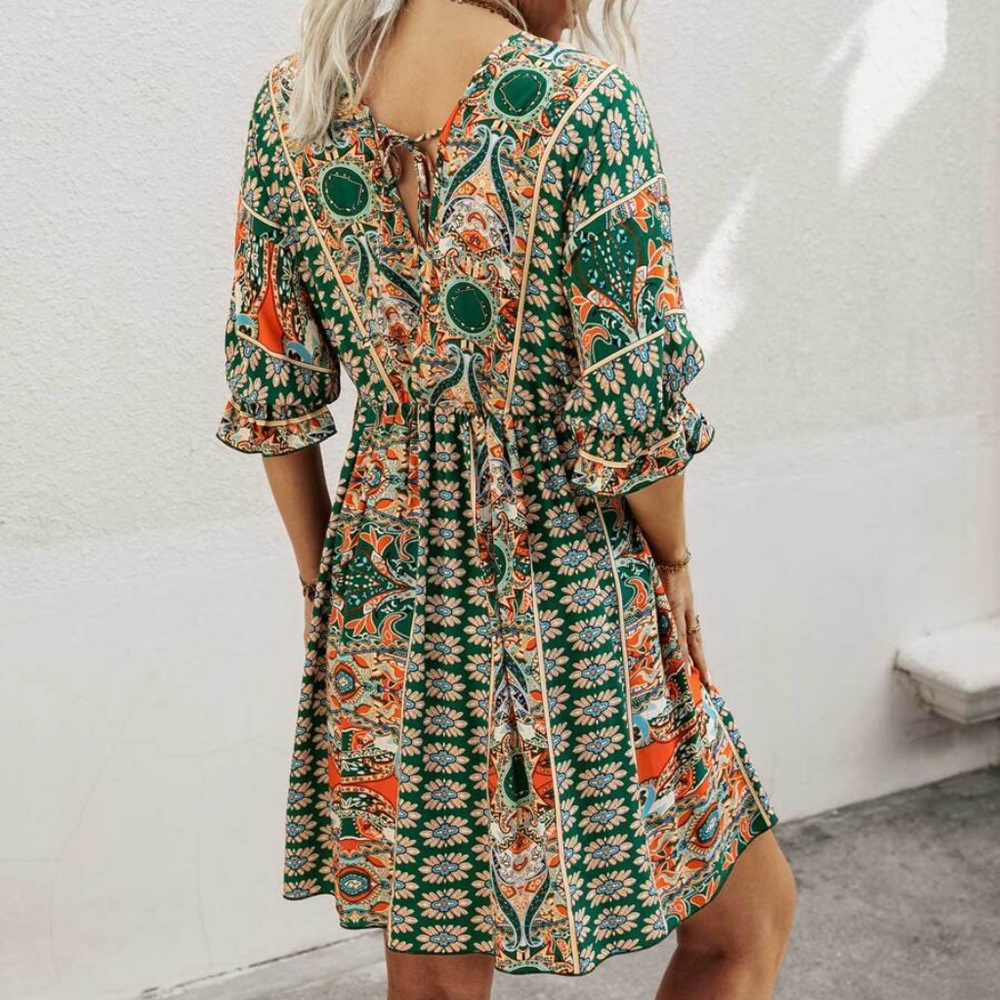 Boho Blue Orange Paisley V neck Gypsy Mini Dress - Picture 4 of 16